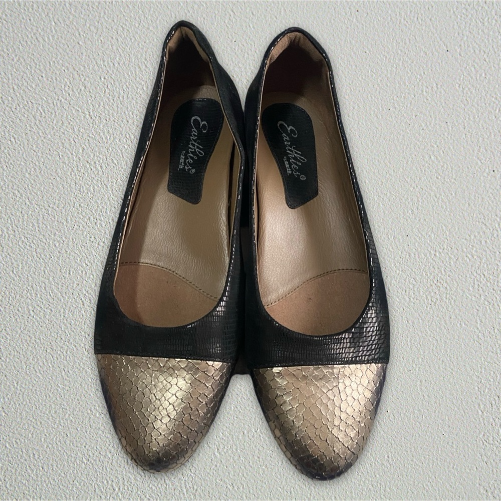 Earthies Leather Dressy Snake Flats / Pewter & Black